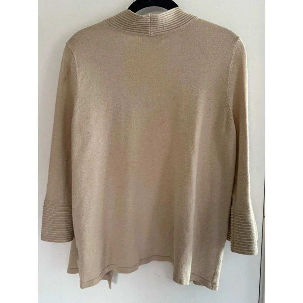 JM Collection Beige Open-Front Ribbed Trim Cardigan Size M